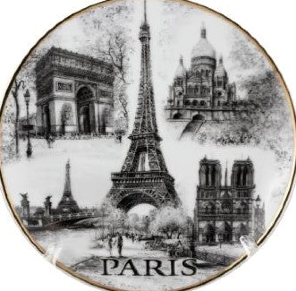 Assiette Tour Eiffel Paris monuments noir et blanc