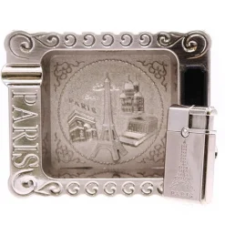 Cendrier argenté Souvenir Paris + briquet Tour Eiffel