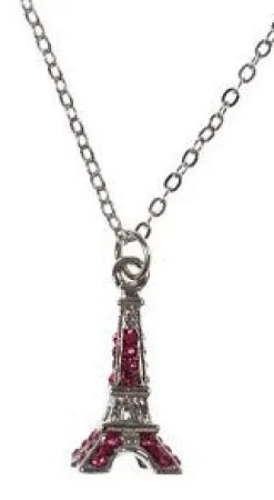 Collier Tour Eiffel argenté 4 côtés strass roses