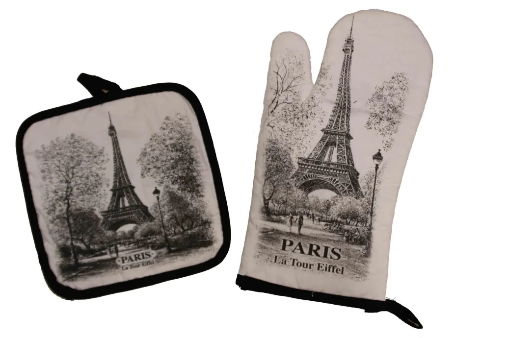 Gant de cuisine et manique souvenir de Paris noir et blanc